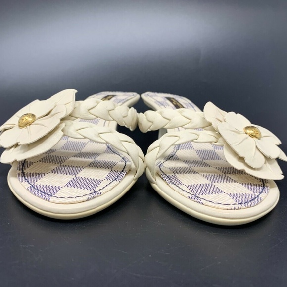 LOUIS VUITTON Damier Azul Flower Sandals #36 US 6 Heels Mules Ivory - Picture 6 of 11